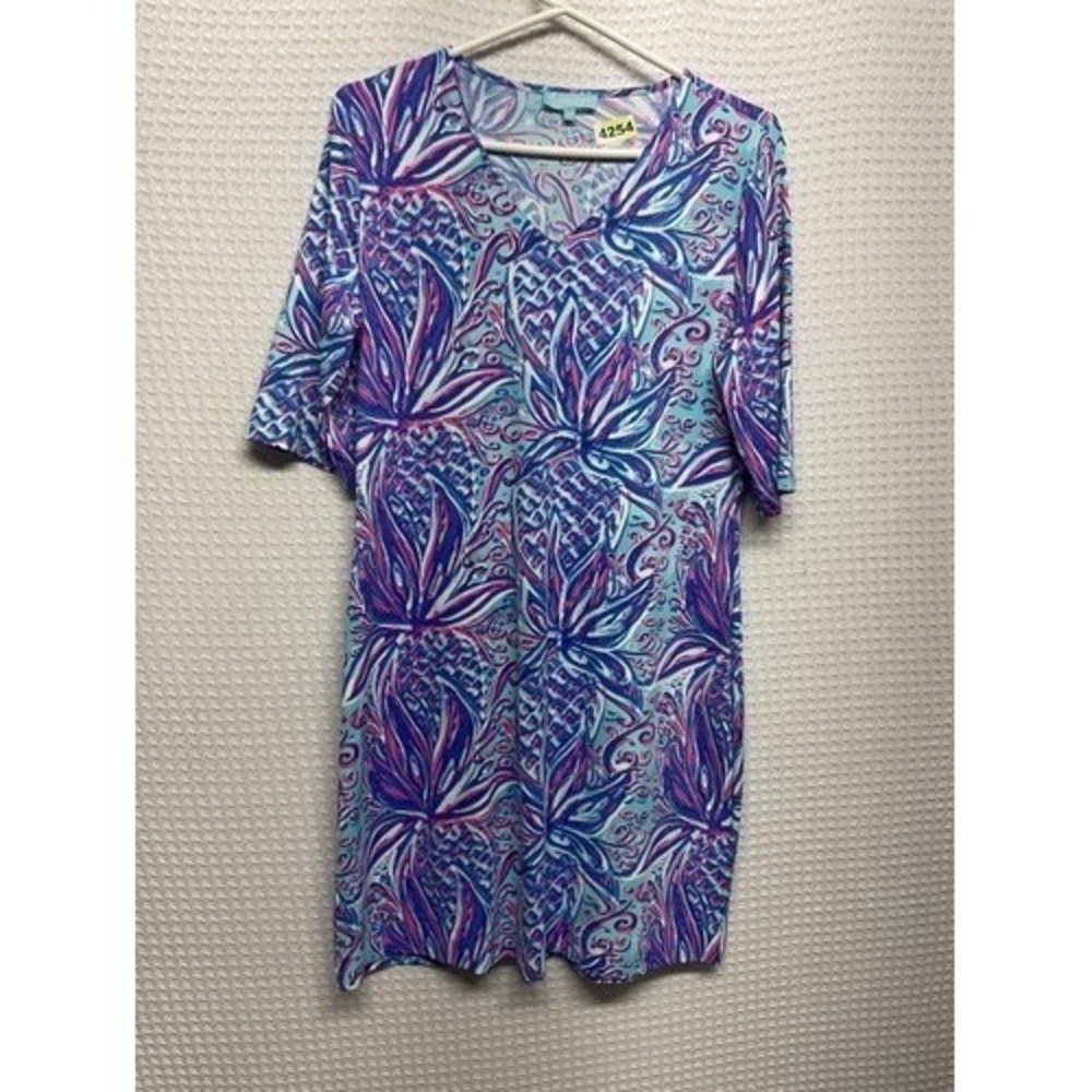 Anthonys Resort Wear Blue/Pink 3/4 Sleev Stretch Beach Shirt Dress Women M China